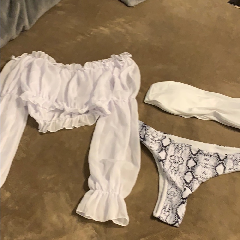 High waisted white bathing suit sheer cover on top